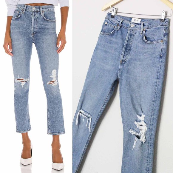 Agolde Denim - AGOLDE Riley High Rise Straight Crop Jeans 27 Whiplash Stretch Distressed $198